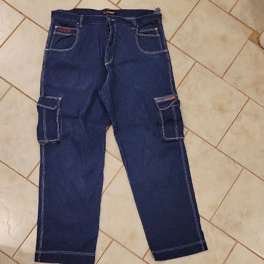 90s FUBU Men's Size 42 Blue Cargo Jeans